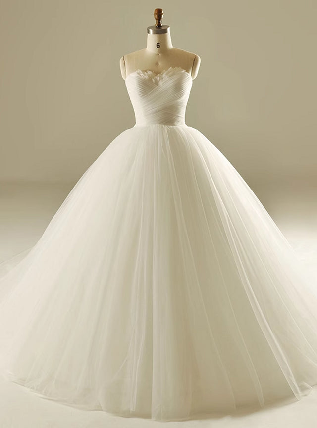 Vintage White Tulle Sweetheart Pleats Wedding Dress