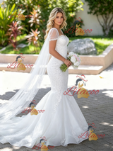 White Mermaid Tulle Lace Appliques Wedding Dress