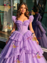 Purple Tulle Straps Beading Quinceanera Dress