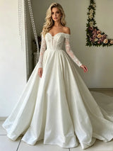White Long Sleeve Lace Off the Shoulder Wedding Dress