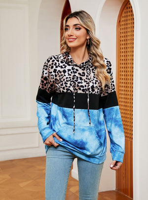 Leopard Print Contrast Stitching Pocket Long Sleeve Top
