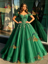 Green Tulle Off the Shoulder Appliques Quinceanera Dress