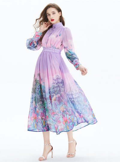 Printed Long Chiffon Holiday Dress