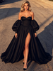 Black Puff Sleeve Strapless Prom Dress
