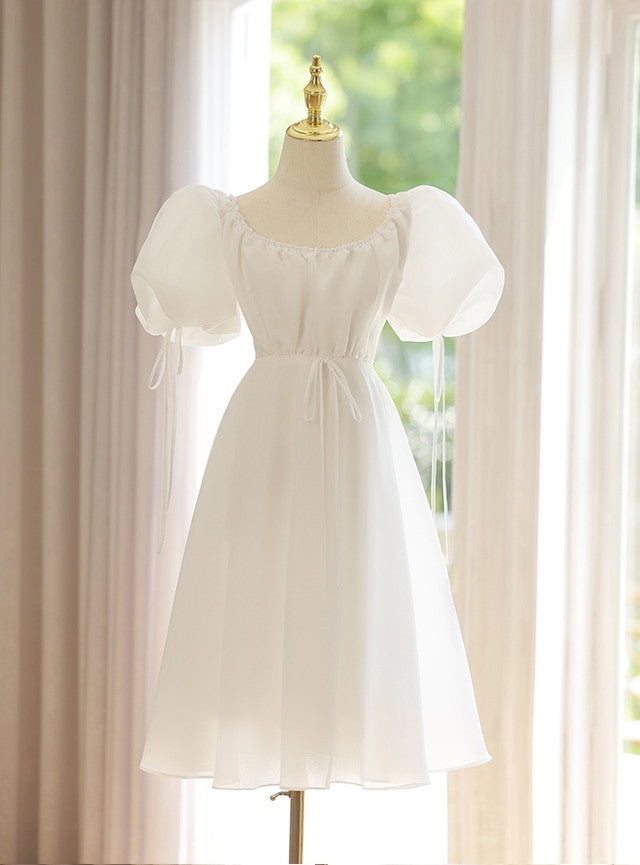 White Puff Sleeve Pleats Wedding Dress