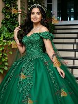 Green Tulle Off the Shoulder Appliques Quinceanera Dress