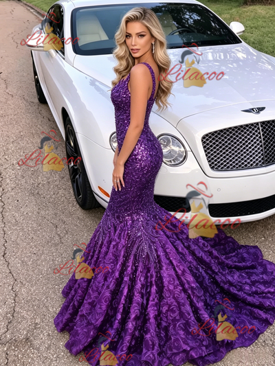Purple Mermaid Straps Prom Dress