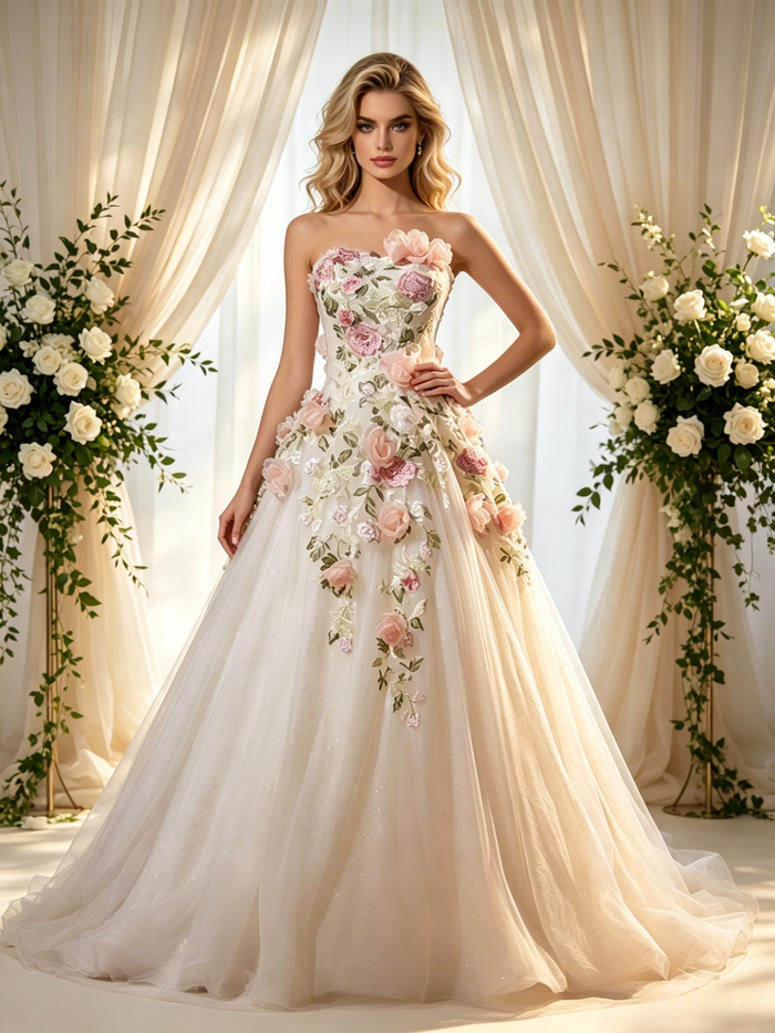 Ivory Tulle Strapless Appliques Wedding Dress