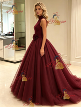 Burgundy Tulle High Neck Flower Prom Dress