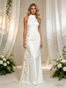 White Sheath Satin High Neck Flower Wedding Dress
