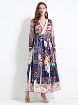 Vintage V-neck Lantern Sleeve Printed Dress