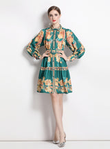 Vintage Printed Lantern Sleeve V-neck Dress