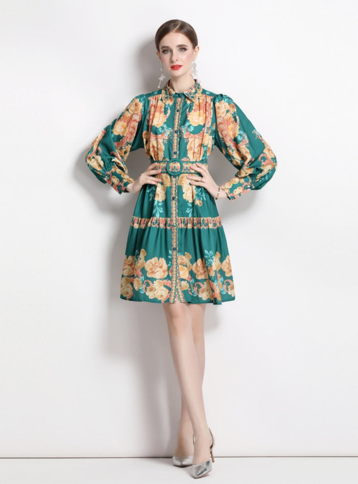 Vintage Printed Lantern Sleeve V-neck Dress