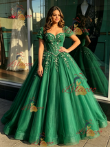 Green Tulle Off the Shoulder Appliques Quinceanera Dress