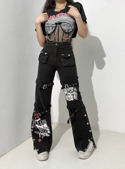 Printed Metal Button Denim Pant