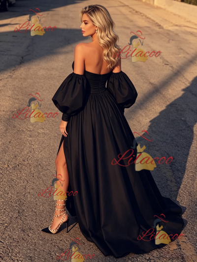 Black Puff Sleeve Strapless Prom Dress