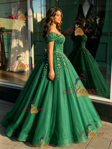 Green Tulle Off the Shoulder Appliques Quinceanera Dress
