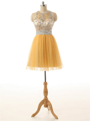 Yellow Tulle Beading Crystal Homecoming Dress