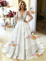 White V-neck Long Sleeve Wedding Dress