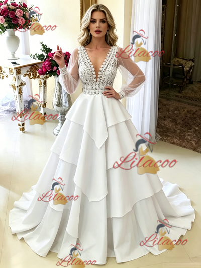 White V-neck Long Sleeve Wedding Dress