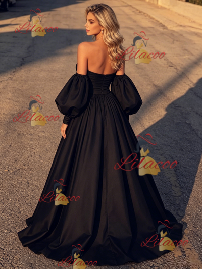 Black Puff Sleeve Strapless Prom Dress