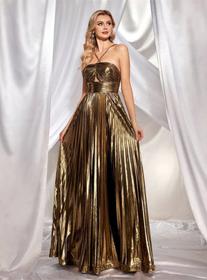 Gold Straps Pleats Prom Dress