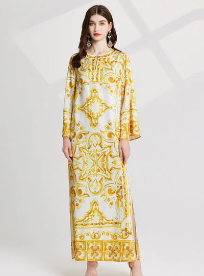 Retro Printed Round Neck Loose Flared Sleeves Dress