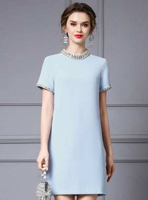 Blue Short Sleeve Crystal Mother Of The Bride Dress