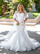 White Mermaid Tulle Appliques Puff Sleeve Wedding Dress