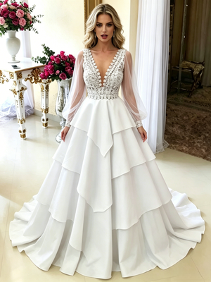 White V-neck Long Sleeve Wedding Dress