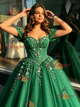 Green Tulle Off the Shoulder Appliques Quinceanera Dress