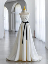 A-Line Ivory Satin Pleats Wedding Dress