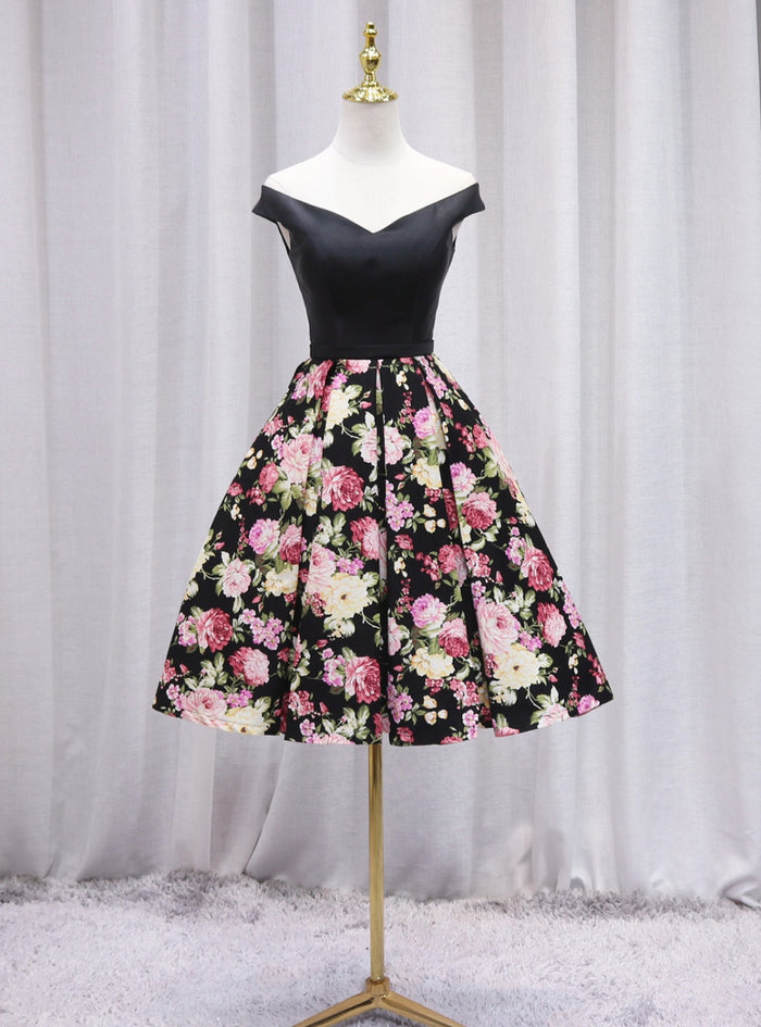 A-Line Black Satin Print Homecoming Dress