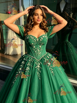 Green Tulle Off the Shoulder Appliques Quinceanera Dress