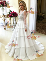 White V-neck Long Sleeve Wedding Dress