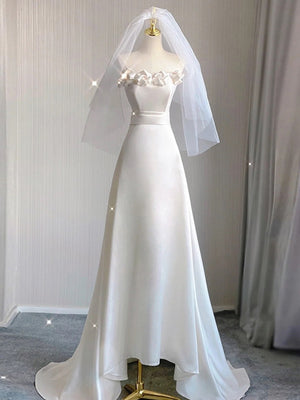 Simple White Satin Strapless Flower Wedding Dress