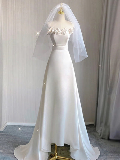 Simple White Satin Strapless Flower Wedding Dress