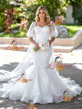White Mermaid Tulle Appliques Puff Sleeve Wedding Dress