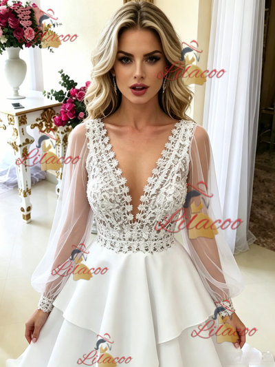 White V-neck Long Sleeve Wedding Dress
