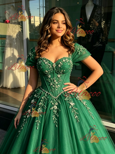Green Tulle Off the Shoulder Appliques Quinceanera Dress