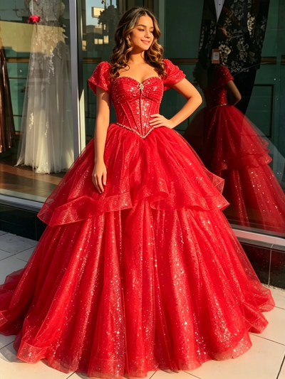 Red Sequins Beading Quinceanera Dress