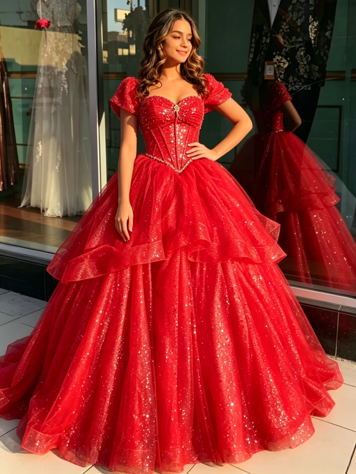 Red Sequins Beading Quinceanera Dress