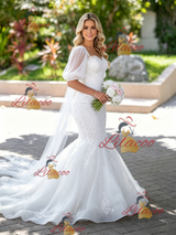 White Mermaid Tulle Appliques Puff Sleeve Wedding Dress