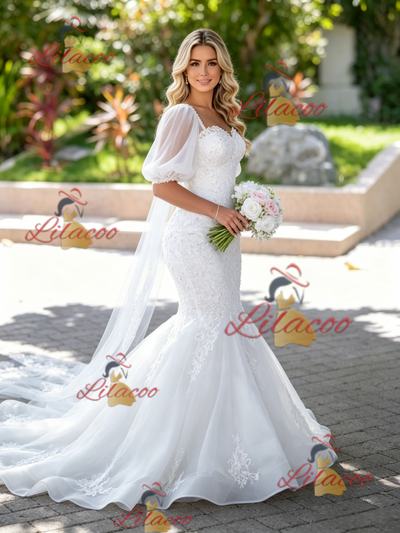 White Mermaid Tulle Appliques Puff Sleeve Wedding Dress