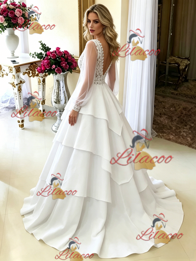 White V-neck Long Sleeve Wedding Dress