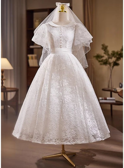 White Lace Puff Sleeve Wedding Dress