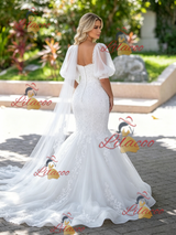 White Mermaid Tulle Appliques Puff Sleeve Wedding Dress