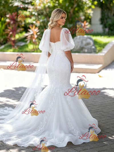 White Mermaid Tulle Appliques Puff Sleeve Wedding Dress