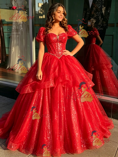 Red Sequins Beading Quinceanera Dress