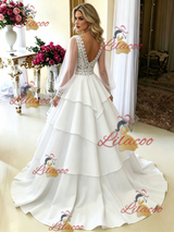 White V-neck Long Sleeve Wedding Dress